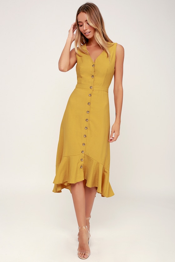 Cute Yellow Midi Dress - Sleeveless ...